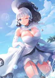 Rule 34 | 1girl, azur lane, bare shoulders, blue sky, breasts, detached collar, dress, elbow gloves, from below, garter straps, gloves, gluteal fold, hat, highres, illustrious (azur lane), lace, lace-trimmed dress, lace trim, large breasts, looking at viewer, looking down, minato asuka, ocean, one eye closed, panties, pantyshot, sky, sleeveless, sleeveless dress, solo, standing, strapless, strapless dress, sun hat, thighhighs, thighs, underwear, white dress, white garter straps, white gloves, white hat, white panties, white thighhighs
