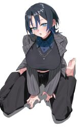 Rule 34 | 1girl, barefoot, belt, black belt, black hair, black nails, black pants, black shirt, blue eyes, blue hair, blue shirt, breasts, chain necklace, collared shirt, feet, full body, grey jacket, hair between eyes, highres, hiodoshi ao, hololive, hololive dev is, jacket, jewelry, large breasts, looking at viewer, midriff peek, mole, mole under mouth, multicolored hair, nail polish, necklace, on ground, open clothes, open jacket, open mouth, pants, parted bangs, pinstripe jacket, pinstripe pattern, shirt, short hair, sidelocks, simple background, sitting, soles, solo, streaked hair, striped clothes, striped jacket, sweatdrop, toes, uzuradobin, vertical-striped clothes, vertical-striped jacket, virtual youtuber, wariza, white background