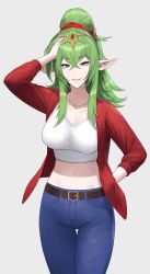 Rule 34 | 1girl, belt, breasts, cleavage, commission, contemporary, crop top, denim, fire emblem, fire emblem awakening, green eyes, green hair, hair ribbon, hand in own hair, highres, jacket, jeans, long hair, looking at viewer, medium breasts, navel, nintendo, pants, parted lips, pointy ears, ponytail, red jacket, red ribbon, ribbon, shou illust, smile, solo, tiara, tiki (adult) (fire emblem), tiki (fire emblem), white background