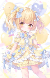 Rule 34 | 1girl, :o, ahoge, balloon, bird, blonde hair, blue bow, blunt bangs, blush, bow, chick, child, choker, dress, feathered wings, frilled dress, frills, hair bow, hand up, heart, heart balloon, highres, indie virtual youtuber, looking at viewer, low wings, momochi chia, open mouth, pink bow, piyo niwasaki, puffy dress, ribbon, short hair, short twintails, solo, thigh strap, twintails, virtual youtuber, white background, wings, wrist cuffs, yellow choker, yellow eyes, yellow theme, yellow wings