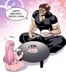 1boy 1girl birthday birthday_cake blush bocchi_the_rock! cake crossover cube_hair_ornament food fork gotoh_hitori grappler_baki hair_ornament hanma_yujiro hat highres hinghoi holding holding_fork jacket long_hair muscular muscular_male one_side_up open_mouth pants party_hat pink_hair pink_jacket plate red_hair shirt short_hair smile track_jacket