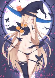 Rule 34 | 1girl, abigail williams (fate), abigail williams (second ascension) (fate), bad id, bad pixiv id, bare shoulders, black bow, black hat, black panties, black thighhighs, blonde hair, blush, bow, breasts, bug, butterfly, fate/grand order, fate (series), forehead, full moon, hat, highres, insect, jilu, key, long hair, looking at viewer, moon, multiple bows, navel, night, night sky, orange bow, panties, parted bangs, petals, polka dot, polka dot bow, red eyes, single thighhigh, sky, small breasts, solo, stuffed animal, stuffed toy, teddy bear, thighhighs, thighs, torn clothes, underwear, witch hat