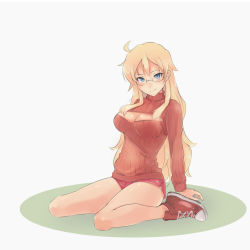 Rule 34 | 10s, 1girl, bare legs, ben-tou, blonde hair, blue eyes, bluefield, breasts, cleavage, cleavage cutout, clothing cutout, converse, dolphin shorts, female focus, full body, glasses, highres, large breasts, long hair, looking at viewer, meme attire, micro shorts, open-chest sweater, ribbed sweater, semi-rimless eyewear, shaga ayame, shoes, short shorts, shorts, simple background, sitting, sneakers, solo, sweater, turtleneck, under-rim eyewear, wariza
