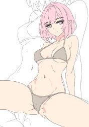 Rule 34 | 1girl, bare arms, bare shoulders, bikini, cameltoe, cleft of venus, commentary, elysia (honkai impact), grey bikini, groin, highres, honkai (series), honkai impact 3rd, kili kilio, looking at viewer, navel, parted lips, pink eyes, pink hair, pointy ears, simple background, solo, spread legs, swimsuit, thick eyebrows, white background, zoom layer