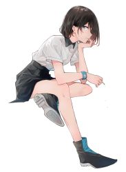 Rule 34 | 1girl, bad id, bad pixiv id, bare legs, black footwear, black hair, black skirt, blue eyes, cigarette, closed mouth, collared shirt, commentary request, dress shirt, expressionless, hand up, head rest, high-waist skirt, highres, holding, holding cigarette, invisible chair, looking at viewer, looking to the side, miniskirt, musshu (omu001), original, shirt, shirt tucked in, shoes, short hair, short sleeves, simple background, sitting, skirt, solo, thighs, watch, white background, white shirt, wristwatch