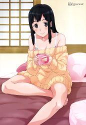 Rule 34 | 10s, 1girl, absurdres, barefoot, bed, black eyes, black hair, bra, breasts, cleavage, collarbone, copyright name, dress, feet, highres, holding, indoors, long hair, looking at viewer, medium breasts, megami magazine, off shoulder, official art, ozeki miyabi, pillow, seiren, smile, solo, sweater, sweater dress, toes, touno kyouko, underwear, window, yellow sweater