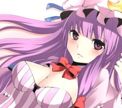 Rule 34 | 1girl, bad id, bad pixiv id, blush, bow, bowtie, breasts, cleavage, crescent, female focus, hat, large breasts, long hair, patchouli knowledge, pink eyes, purple eyes, purple hair, richard, solo, touhou