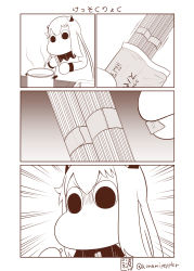 Rule 34 | (o) (o), 1girl, abyssal ship, collar, commentary request, failure, food, highres, horns, kantai collection, long hair, mittens, monochrome, moomin, muppo, pasta, pot, sazanami konami, sidelocks, spaghetti, stove, translation request, twitter username