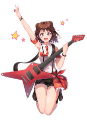 Rule 34 | 1girl, absurdres, arm up, bang dream!, bare shoulders, black footwear, black shorts, boots, brown hair, commentary request, cone hair bun, guitar, hair bun, hair ornament, highres, holding, instrument, open mouth, purple eyes, qoray7, short hair, short shorts, shorts, simple background, smile, solo, star (symbol), toyama kasumi, white background