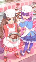 Rule 34 | 2girls, aged down, apron, black bow, blue eyes, blue jacket, bow, brown hair, chef hat, chocolate, cooking, craft essence (fate), dress, fate/grand order, fate (series), food, hair bow, hat, jacket, juliet sleeves, kitchen patissiere, long sleeves, matou sakura, muffin, multiple girls, nekotawawa, official art, open mouth, puffy sleeves, purple bow, purple eyes, purple footwear, purple hair, purple legwear, purple scarf, purple skirt, red dress, red footwear, scarf, shoes, skirt, smile, thighhighs, tohsaka rin, twintails, white apron, white bow, white hat