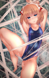 Rule 34 | 1girl, arm up, bare legs, barefoot, blonde hair, blue eyes, blue one-piece swimsuit, bow, breasts, brown footwear, closed mouth, collarbone, commission, competition swimsuit, fairy, fairy wings, highres, looking at viewer, one-piece swimsuit, orange hair, pixiv commission, restrained, revision, short hair, shounen (hogehoge), silk, small breasts, spider web, suggestive fluid, sunny milk, sweat, swimsuit, touhou, wings