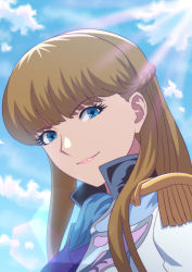 Rule 34 | 1girl, blonde hair, blue eyes, blue sky, closed mouth, cloud, commentary request, day, epaulettes, fateline alpha, gundam, gundam wing, highres, light rays, long hair, looking at viewer, military, military uniform, pink lips, relena peacecraft, sky, smile, solo, uniform, upper body