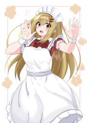 Rule 34 | 1girl, apron, arms up, artist name, blonde hair, blush, brown eyes, commentary, commentary request, financier, frills, hair ornament, hairclip, highres, katade, long hair, looking at viewer, maid, maid apron, maid headdress, neptune (series), open mouth, red ribbon, ribbon, short sleeves, solo, sweatdrop, wrist cuffs