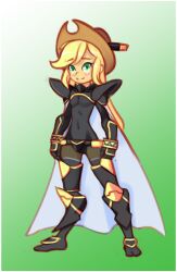 Rule 34 | 1girl, absurdres, alphamon, alphamon (cosplay), applejack, armor, belt, black armor, black belt, black bodysuit, blonde hair, blush, bodysuit, breasts, brown hat, cape, colored skin, cosplay, cowboy hat, crossover, digimon, drantyno, freckles, gradient background, green background, green eyes, hasbro, hat, highres, long hair, looking at viewer, my little pony, my little pony: equestria girls, my little pony: friendship is magic, orange skin, shoulder pads, small breasts, smile, standing, white cape