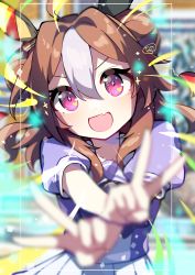 Rule 34 | 1girl, absurdres, ahoge, animal ears, blouse, blurry, brown hair, copano rickey (umamusume), depth of field, double bun, double v, fang, hair between eyes, hair bun, heart, heart in eye, highres, horse ears, long hair, looking at viewer, nanananananana, open mouth, outstretched arms, pink eyes, puffy short sleeves, puffy sleeves, purple shirt, reaching, reaching towards viewer, school uniform, shirt, short sleeves, skin fang, skirt, smile, solo, symbol in eye, tracen school uniform, twig, umamusume, upper body, v, v-shaped eyebrows, white skirt