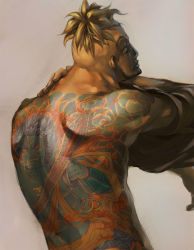 Rule 34 | 1boy, backpiece, blonde hair, full-body tattoo, gyuuniku, male focus, manly, marco (one piece), muscular, one piece, pirate, realistic, simple background, solo, standing, tattoo, topless male, undressing