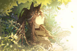 Rule 34 | 1girl, animal ears, arknights, braid, brown hair, day, fingerless gloves, food, food on face, from side, gloves, green eyes, hair between eyes, highres, horse ears, horse girl, lingmuqianyi, long hair, looking up, meteor (arknights), outdoors, plant, ponytail, profile, sitting, solo, sunlight