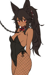 Rule 34 | 1girl, animal ear fluff, animal ears, arm behind back, bare arms, bare shoulders, black hair, black leotard, breasts, cerberus (houtengeki), chain, chain leash, closed mouth, collar, covered navel, cowboy shot, dark-skinned female, dark skin, dog ears, fishnet pantyhose, fishnets, frown, hair between eyes, highleg, highleg leotard, highres, houtengeki, leash, leotard, long hair, looking at viewer, original, oversized breast cup, pantyhose, ponytail, red eyes, simple background, small breasts, solo, white background