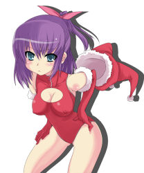 Rule 34 | 00s, 1girl, :&lt;, blue eyes, blush, breasts, christmas, cleavage, cleavage cutout, clothing cutout, covered erect nipples, elbow gloves, embarrassed, frown, fujino shion, fur trim, gloves, hair ribbon, hat, hatsu inu, impossible clothes, kurou (yugato), large breasts, leaning forward, leotard, ponytail, purple hair, red gloves, red leotard, ribbon, santa costume, santa hat, shadow, shion fujino, short hair, simple background, solo, standing, turtleneck, yugato