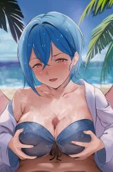 Rule 34 | 1boy, 1girl, absurdres, beach, bikini, blue bikini, blue hair, breasts, breasts squeezed together, censored, commentary request, earrings, hetero, highres, horai sennkyo, jewelry, large breasts, looking at viewer, love live!, love live! superstar!!, mosaic censoring, open mouth, outdoors, paizuri, paizuri under clothes, palm leaf, penis, pov, red eyes, shirt, short hair, stud earrings, swimsuit, wakana shiki, wet, white shirt