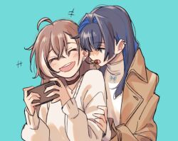 Rule 34 | 2girls, ahoge, berry, biting earring, black choker, blue background, blue eyes, blue hair, blunt bangs, brmameng, brown coat, brown hair, cellphone, choker, closed eyes, coat, crossed bangs, earrings, food-themed earrings, hair intakes, hair ornament, hairclip, highres, hime cut, holding, holding phone, hololive, hololive english, jewelry, laughing, long hair, long sleeves, multicolored hair, multiple girls, nanashi mumei, nanashi mumei (casual), necklace, official alternate costume, ouro kronii, ouro kronii (casual), phone, shirt, sidelocks, sleeves past wrists, smartphone, smile, streaked hair, sweater, teeth, turtleneck, upper teeth only, very long hair, virtual youtuber, white shirt, white sweater, yuri