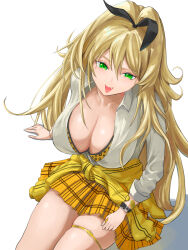 Rule 34 | 1girl, black ribbon, blonde hair, breasts, cleavage, commentary request, fang, goddess of victory: nikke, green eyes, grey shirt, hair ribbon, large breasts, long hair, long sleeves, plaid, plaid skirt, ribbon, rupee (nikke), shirt, simple background, sitting, skindentation, skirt, solo, thigh strap, thighs, very long hair, white background, yatsuka mirin, yellow skirt