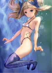 Rule 34 | 10s, 1girl, alternate costume, armadillo-tokage, arms at sides, asakaze (kancolle), bad id, bad twitter id, bikini, blue eyes, blue thighhighs, breasts, floating hair, floral print, from side, full body, hair ribbon, halterneck, highleg, highleg bikini, kantai collection, light brown hair, light particles, long hair, looking at viewer, midriff, navel, parted bangs, ribbon, serious, side-tie bikini bottom, sideboob, sidelocks, small breasts, solo, stomach, swimsuit, thighhighs, thighs, underboob, wavy hair