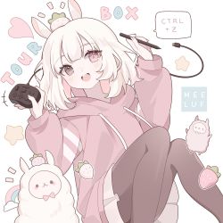 Rule 34 | 1girl, :d, absurdres, alpaca, animal, animal ears, blush, brown eyes, brown hoodie, brown pantyhose, commentary, controller, drawstring, english commentary, feet out of frame, food, fruit, game controller, hands up, heart, heterochromia, highres, holding, hood, hood down, hoodie, long sleeves, meelaffs, notice lines, open mouth, original, pantyhose, pleated skirt, puffy long sleeves, puffy sleeves, rabbit ears, red eyes, skirt, smile, solo, speech bubble, star (symbol), strawberry, teeth, upper teeth only, white background, white skirt