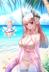 Rule 34 | 2girls, :d, ^ ^, absurdres, animal ears, arknights, bare shoulders, beach, bikini, blonde hair, blue sky, breasts, bridal garter, cleavage, closed eyes, cloud, commentary request, cowboy shot, day, fox ears, fox tail, goggles, goggles on head, highres, holding, horns, innertube, large breasts, long hair, long sleeves, looking at viewer, material growth, mudrock (arknights), multiple girls, multiple tails, navel, ocean, off-shoulder bikini, off shoulder, open mouth, oripathy lesion (arknights), outdoors, palm tree, pointy ears, red eyes, silver hair, sky, smile, snorkel, standing, stomach, suzuran (arknights), swim ring, swimsuit, tail, thighs, tree, water, white bikini, zhihe box