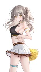 Rule 34 | 1girl, absurdres, alternate costume, alternate hairstyle, armband, armpit peek, bare shoulders, breasts, cheerleader, commentary, crop top, english commentary, from side, grey hair, half updo, hand on own hip, highres, honkai: star rail, honkai (series), large breasts, long hair, looking at viewer, looking back, midriff, miho (mymiho), pleated skirt, pom pom (cheerleading), sideboob, simple background, skirt, solo, stelle (honkai: star rail), thick thighs, thigh strap, thighs, trailblazer (honkai: star rail), white armband, white background, white skirt, yellow eyes