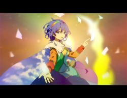 Rule 34 | 1girl, ability card (touhou), blue eyes, blue hair, card, cloak, dress, hair between eyes, hairband, highres, letterboxed, long sleeves, maisuiren, multicolored clothes, multicolored dress, multicolored hairband, open mouth, patchwork clothes, rainbow gradient, short hair, sky print, smile, solo, tenkyuu chimata, touhou, upper body, white cloak