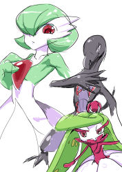 Rule 34 | 3girls, closed mouth, collarbone, colored sclera, colored skin, creatures (company), female focus, flat chest, game freak, gardevoir, gen 3 pokemon, gen 7 pokemon, green hair, green skin, hair over one eye, half-closed eyes, hand on own chest, hand up, long hair, looking at viewer, multicolored skin, multiple girls, nayuta takumi, nintendo, pokemon, pokemon (creature), purple eyes, purple sclera, red eyes, salazzle, shiny skin, short hair, simple background, sketch, tsareena, two-tone skin, white background, white skin