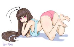 Rule 34 | 1girl, :3, absurdres, all fours, antennae, artist name, ass, bare legs, barefoot, blunt bangs, breasts, brown hair, goki buri, gokiburi-chan, hanging breasts, heart, heart-shaped pupils, highres, long hair, looking at viewer, no bra, original, pink eyes, simple background, soles, solo, symbol-shaped pupils, tongue, tongue out, underboob, upshirt, white background