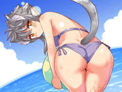 Rule 34 | 1girl, animal ears, ashroa (cougar1404), ass, back, ball, beachball, bikini, blue sky, cat ears, cat girl, cat tail, closed mouth, cloud, cloudy sky, commentary, cougar (cougar1404), cowboy shot, day, grey bikini, grey hair, holding, holding ball, horizon, leaning forward, light frown, looking at viewer, looking back, ocean, original, outdoors, short hair, side-tie bikini bottom, sidelocks, sky, solo, standing, swimsuit, tail, wedgie, wet, yellow eyes