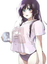 Rule 34 | 1girl, aqua eyes, breasts, cup, highres, holding, holding cup, large breasts, long hair, love live!, love live! school idol project, matatabianko, messy hair, morning, panties, purple hair, purple panties, shirt, sleepy, solo, t-shirt, teacup, tojo nozomi, underwear, waking up