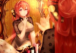 Rule 34 | 1girl, arm up, azur lane, bad id, bad pixiv id, black dress, blush, braid, breasts, china dress, chinese clothes, cleavage, dress, hair between eyes, hair ornament, highres, indoors, jewelry, large breasts, long hair, looking at mirror, looking at viewer, mirror, monarch (azur lane), monarch (black gerard) (azur lane), nail polish, neconel, red hair, reflection, see-through, sidelocks, smile, solo, teeth, thighs