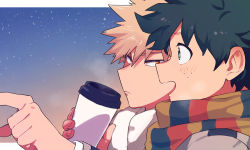 Rule 34 | 2boys, bakugou katsuki, blonde hair, blush, boku no hero academia, border, closed mouth, coffee, coffee cup, cup, disposable cup, green eyes, highres, holding, holding cup, looking at another, male focus, midoriya izuku, multiple boys, open mouth, outdoors, pointing, red eyes, scarf, short hair, sky, smile, star (sky), starry sky, upper body, white border, yazaki (yazakc)