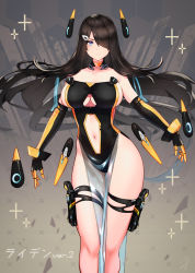 Rule 34 | 1girl, bare shoulders, black dress, black gloves, black hair, blush, breasts, brown eyes, choker, cleavage, closed mouth, clothing cutout, dress, elbow gloves, feet out of frame, floating, floating hair, floating headgear, floating object, gloves, gun, hair over one eye, handgun, hayabusa (vert 320), headgear, highres, holster, holstered, large breasts, long hair, looking at viewer, mole, mole on breast, mole on stomach, mole under eye, navel, navel cutout, original, pelvic curtain, revision, solo, strapless, strapless dress, thigh holster, thigh strap, weapon