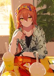 Rule 34 | 1girl, alternate costume, alternate hairstyle, black pants, black tank top, blush, breasts, brown hair, cake, casual, collarbone, cup, day, drinking straw, earrings, elbow rest, food, girls&#039; frontline, greem bang, green eyes, hair between eyes, holding, holding pen, indoors, jewelry, large breasts, light particles, long hair, looking at viewer, pants, pen, shirt, sidelocks, sitting, smile, solo, springfield (girls&#039; frontline), table, tank top, tied shirt, tree, window, wristband