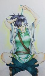 Rule 34 | 1girl, adjusting clothes, boots, breasts, fir (fire emblem), fire emblem, fire emblem: the binding blade, indian style, namai chigusa, nintendo, ponytail, purple hair, simple background, sitting, solo, traditional media
