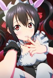 Rule 34 | 10s, 1girl, black hair, choker, finger to mouth, frilled choker, frills, hair between eyes, looking at viewer, love live!, love live! school idol project, maid, maid headdress, mogyutto &quot;love&quot; de sekkin chuu!, nail polish, parted lips, pink nails, reaching, reaching towards viewer, red eyes, selfie, solo, twintails, wokami, yazawa nico