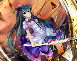 Rule 34 | 1girl, bad id, bad pixiv id, bow, dikko, female focus, food, frills, fruit, hat, hinanawi tenshi, leaf, long hair, long skirt, open mouth, peach, red eyes, short sleeves, skirt, solo, sword, sword of hisou, touhou, very long hair, weapon