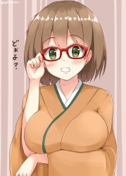 Rule 34 | 10s, 1girl, artist name, blush, breast hold, breasts, chaa (korone-ze), glasses, grin, highres, hiryuu (kancolle), japanese clothes, kantai collection, large breasts, looking at viewer, smile, solo, text focus, translation request