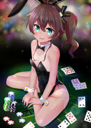 Rule 34 | absurdres, animal ears, bare legs, black leotard, black ribbon, blackjack table, blush, bow, bowtie, breasts, brown hair, card, cat hair ornament, commentary, detached collar, fake animal ears, green eyes, hair between eyes, hair ornament, hair ribbon, highres, hololive, leotard, natsuiro matsuri, one-piece tan, ontake2009, open mouth, oversized breast cup, playboy bunny, playing card, poker chip, rabbit ears, ribbon, short hair, side ponytail, sitting, sitting on table, small breasts, smile, solo, strapless, strapless leotard, table, tan, tanline, virtual youtuber, wrist cuffs