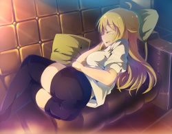 Rule 34 | 1girl, ahoge, ass, bad id, bad pixiv id, black thighhighs, blonde hair, breasts, couch, hoshii miki, idolmaster, idolmaster (classic), light rays, long hair, lying, on side, pillow, shift (waage), shirt, shorts, sleeping, solo, sunbeam, sunlight, thighhighs, white shirt