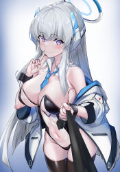 Rule 34 | 1girl, absurdres, alternate costume, bare shoulders, black thighhighs, black wrist cuffs, blue archive, blue necktie, blunt ends, breasts, cleavage, closed mouth, collar, cowboy shot, detached collar, elze (s01047480836), finger to mouth, gradient background, grey hair, groin, halo, headgear, highleg, highleg leotard, highres, holding, index finger raised, jacket, korean commentary, large breasts, leotard, leotard under clothes, long hair, looking at viewer, meme attire, navel, necktie, necktie grab, neckwear grab, noa (blue archive), nontraditional playboy bunny, off shoulder, open clothes, open jacket, purple eyes, see-through, short necktie, shushing, sidelocks, smile, solo, strapless, strapless leotard, thighhighs, thighs, translucent bunnysuit, very long hair, white background, white collar, wing collar, wrist cuffs