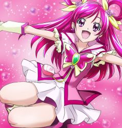 Rule 34 | 00s, 1girl, bike shorts, cure dream, earrings, hair ribbon, hair rings, haruyama kazunori, jewelry, long hair, looking at viewer, magical girl, open mouth, outstretched arms, pink background, pink hair, pink shorts, precure, purple eyes, ribbon, shorts, solo, yes! precure 5, yes! precure 5 gogo!, yumehara nozomi