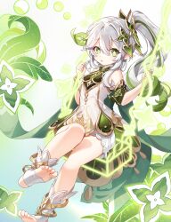 Rule 34 | 1girl, absurdres, bloomers, blush, bracelet, cape, cross-shaped pupils, detached sleeves, dress, genshin impact, gold trim, gradient hair, green cape, green eyes, green hair, green sleeves, hair between eyes, hair ornament, highres, jewelry, leaf hair ornament, long hair, looking at viewer, multicolored hair, nahida (genshin impact), parted lips, pointy ears, ppeach, side ponytail, sitting, sleeveless, sleeveless dress, solo, stirrup footwear, swing, symbol-shaped pupils, toeless footwear, toes, underwear, white bloomers, white dress, white footwear, white hair
