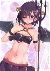 Rule 34 | 1girl, absurdres, armband, bare shoulders, black gloves, black hair, black skirt, breasts, clip studio paint (medium), collarbone, crop top, crop top overhang, demon girl, demon horns, demon wings, gabriel dropout, gloves, hair between eyes, hair ornament, hairclip, highres, holding, holding polearm, holding weapon, horns, medium hair, navel, one eye closed, open mouth, polearm, purple eyes, shuutou haruka, skirt, sleeveless, small breasts, solo, standing, stomach, trident, upper body, vignette tsukinose april, weapon, wings, x hair ornament