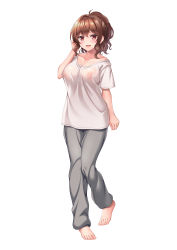 Rule 34 | 1girl, :d, absurdres, barefoot, blush, breasts, brown hair, collarbone, full body, grey pants, highres, kanae (studio yama roman), large breasts, looking at viewer, nipples, no bra, open mouth, original, pants, ponytail, red eyes, see-through, shiny skin, shirt, short hair, simple background, smile, solo, standing, studio yama roman, white background, white shirt